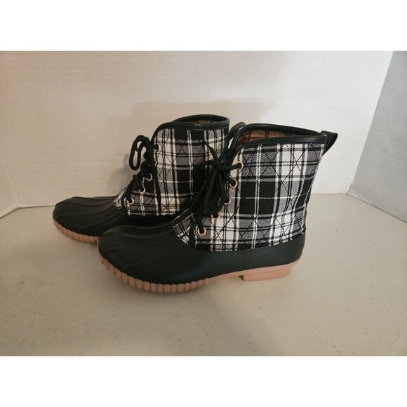 Simply Southern Collection Lace Up Rain Duck Boot Plaid Womens 6 Black White - Picture 1 of 7